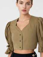 Camel Puff Sleeve Cropped Top