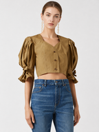 Camel Puff Sleeve Cropped Top