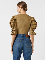 Camel Puff Sleeve Cropped Top