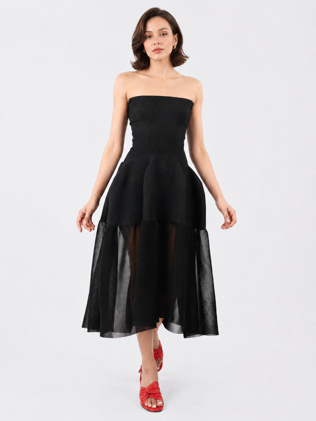 Black Strapless Mesh Midi Dress