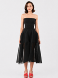 Black Strapless Mesh Midi Dress