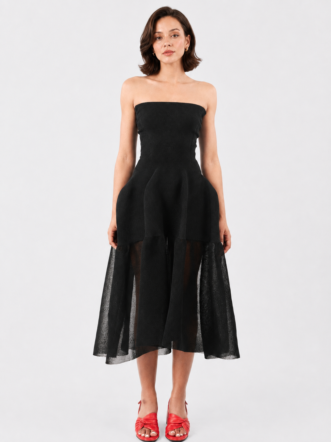 Black Strapless Mesh Midi Dress