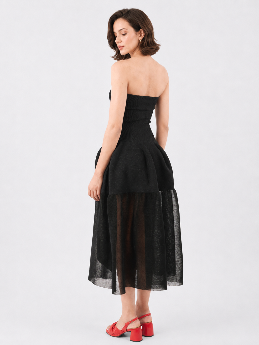 Black Strapless Mesh Midi Dress