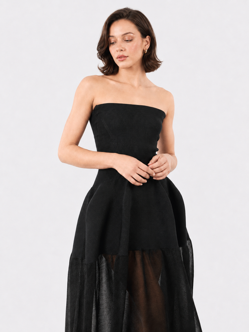 Black Strapless Mesh Midi Dress