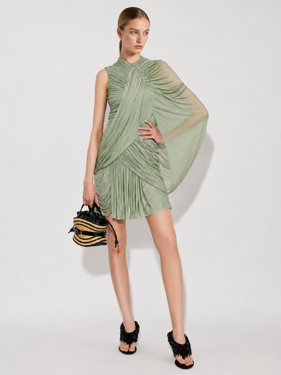 Asymmetric Ruched Draped Mini Dress
