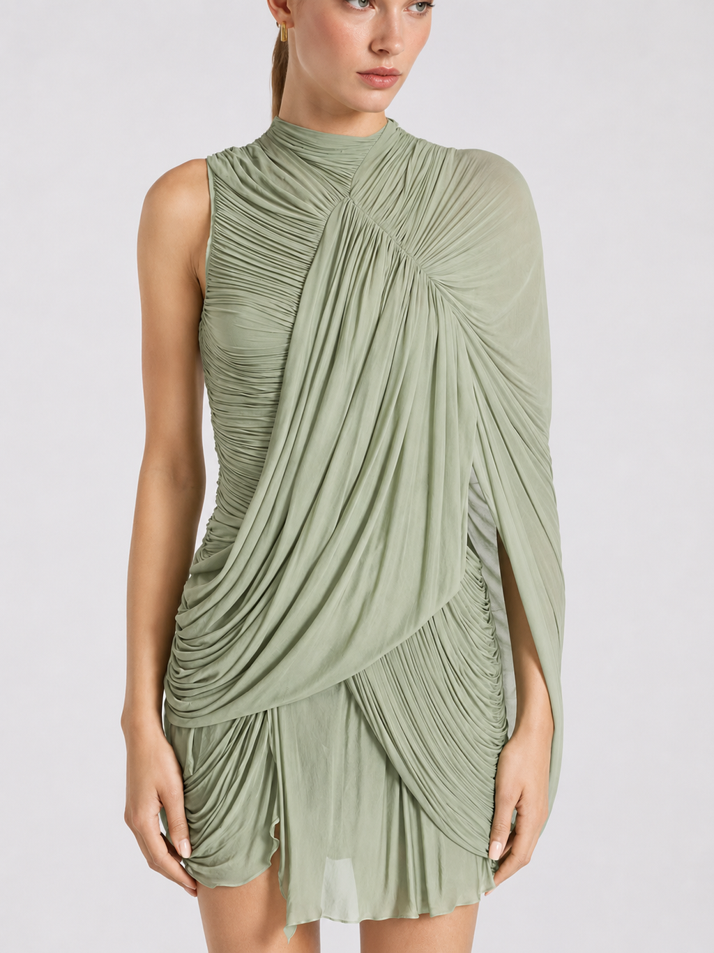 Asymmetric Ruched Draped Mini Dress