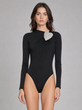 Crystal Brooch Ruched Long Sleeve Bodysuit
