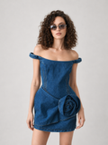 Rose Detail Off-Shoulder Denim Mini Dress