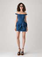 Rose Detail Off-Shoulder Denim Mini Dress