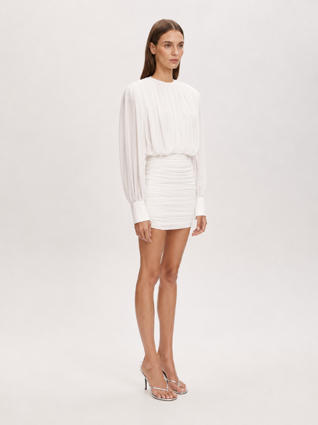 Ruched Blouson Long Sleeve Mini Dress