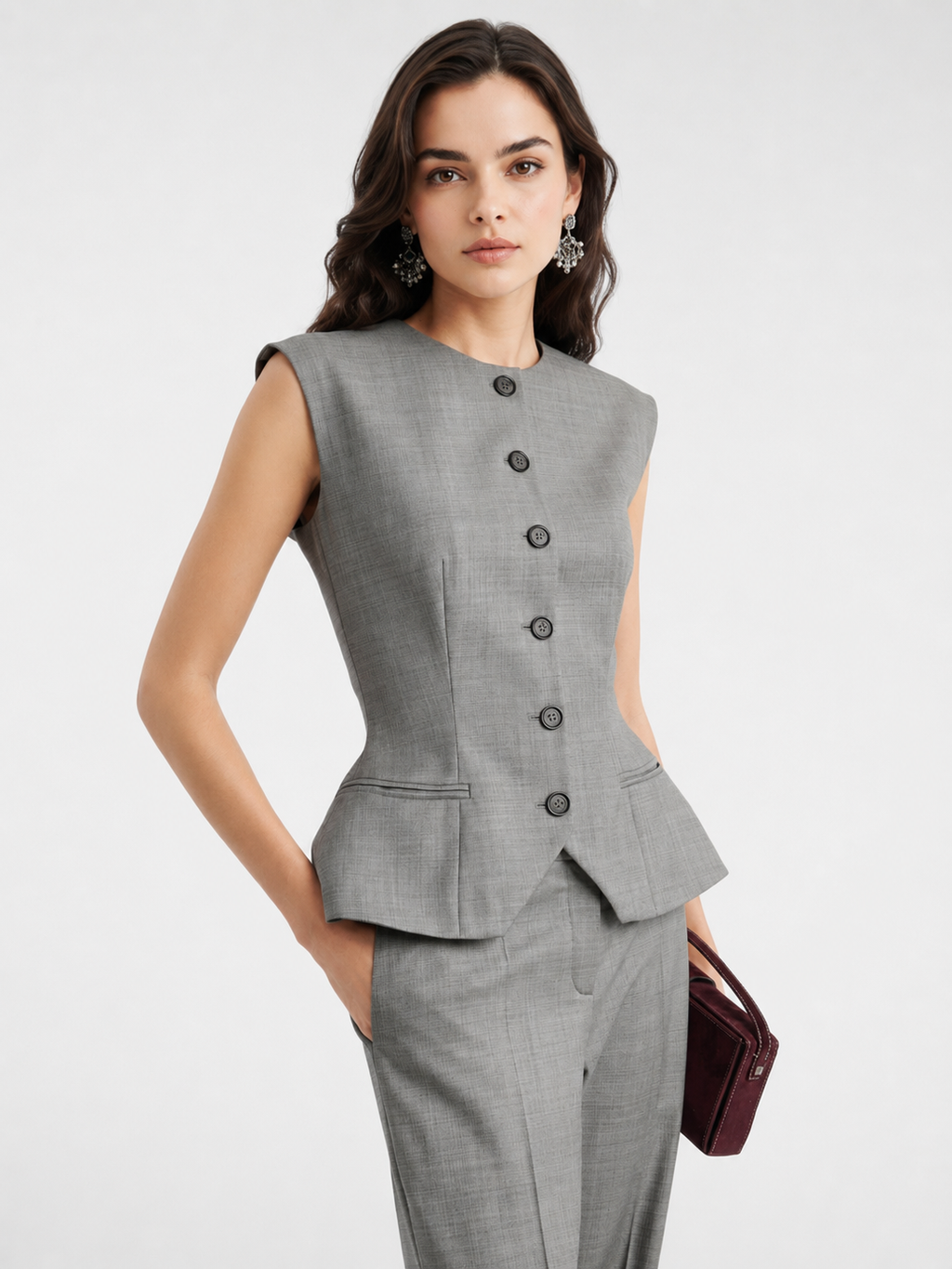 Structured Button-Front Peplum Vest Top