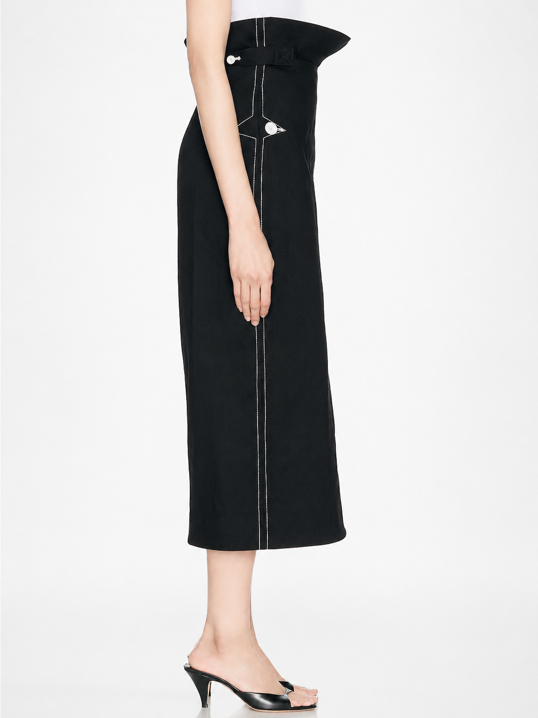 Contrast Button High-Waist Midi Skirt