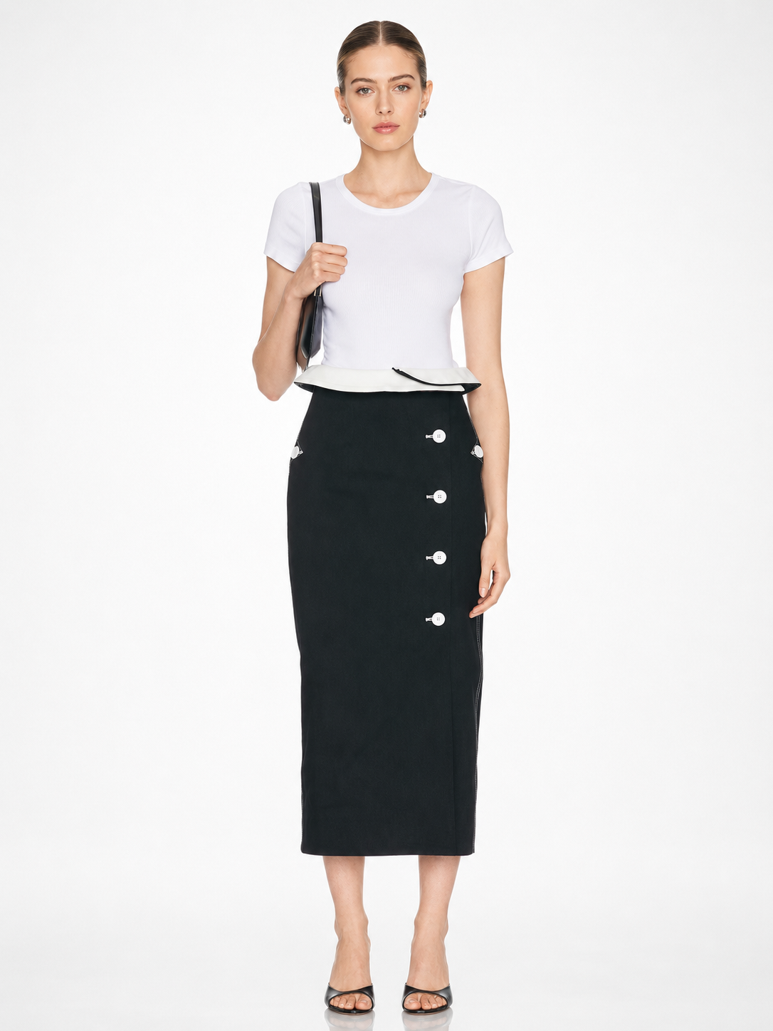 Contrast Button High-Waist Midi Skirt