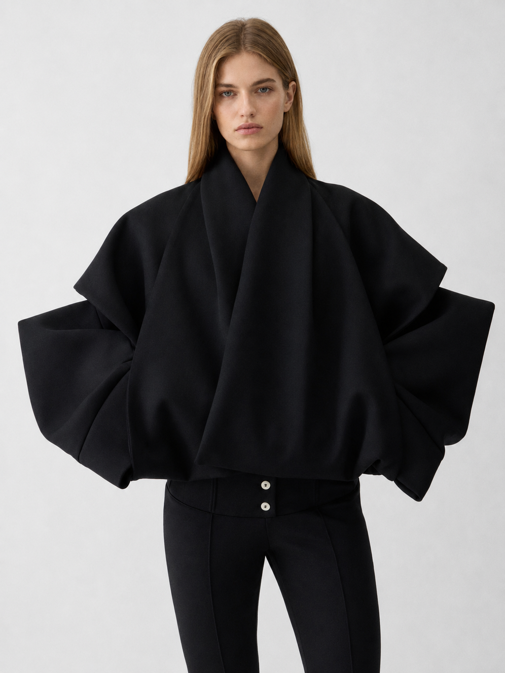 Oversized Draped Cape Sleeve Black Top