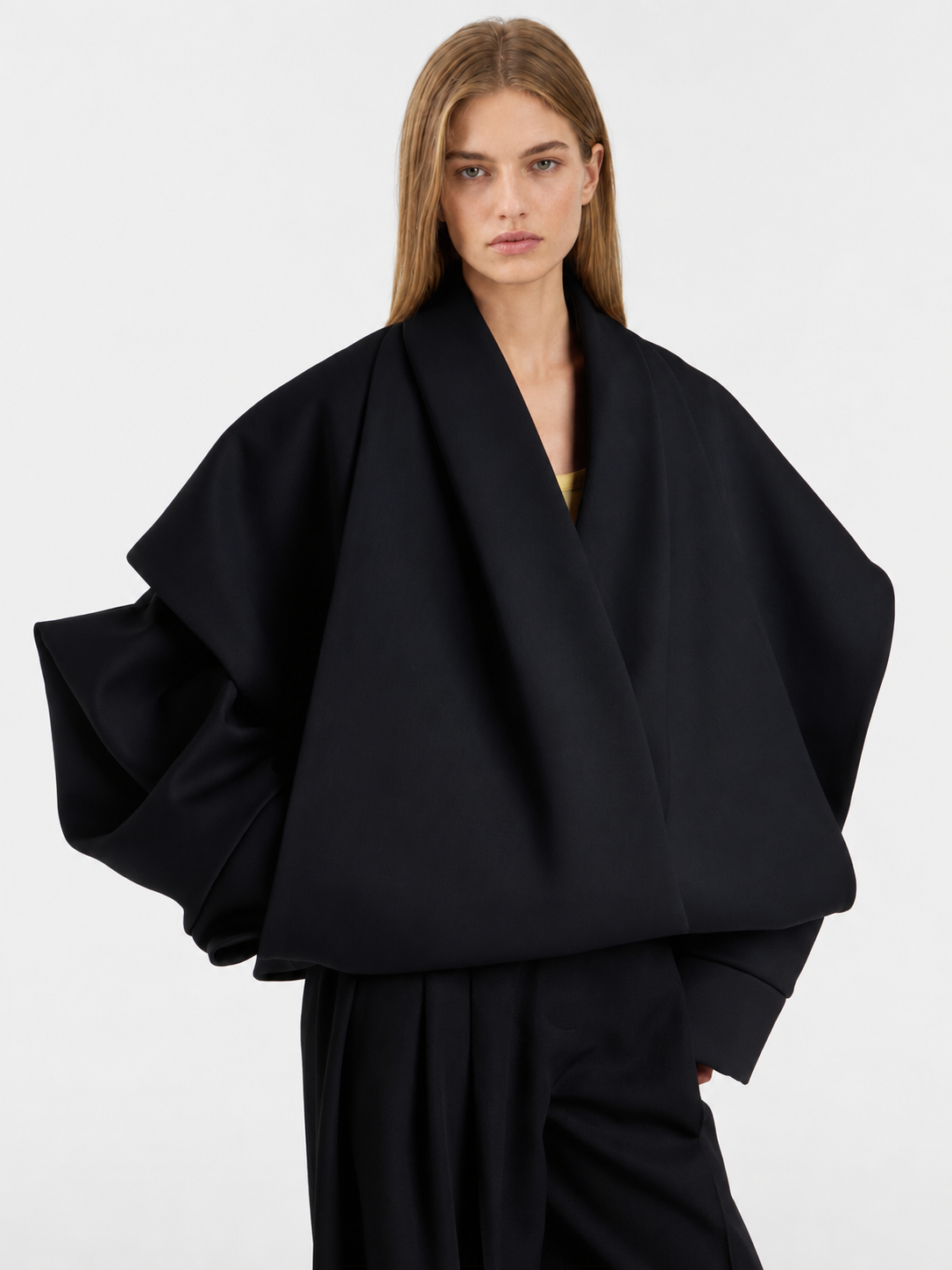 Oversized Draped Cape Sleeve Black Top