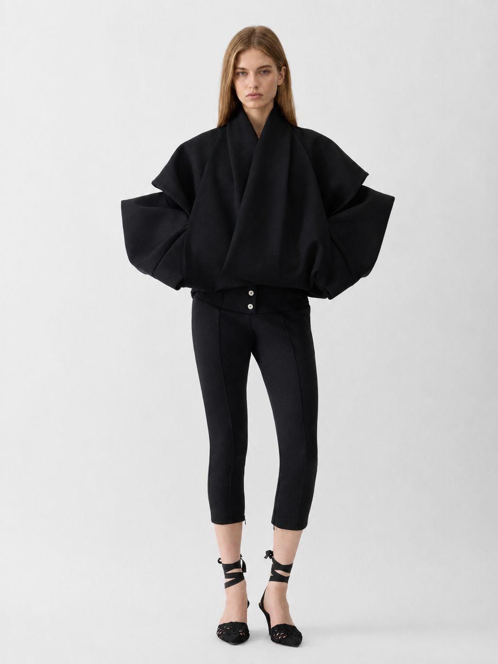 Oversized Draped Cape Sleeve Black Top