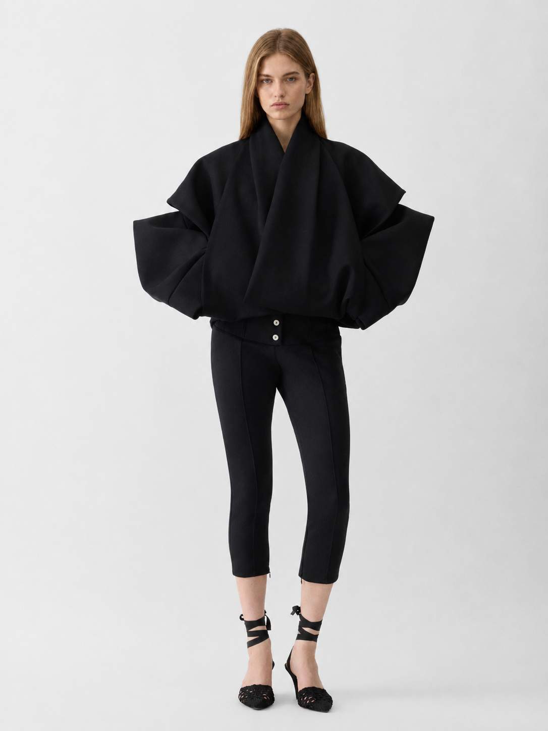 Oversized Draped Cape Sleeve Black Top