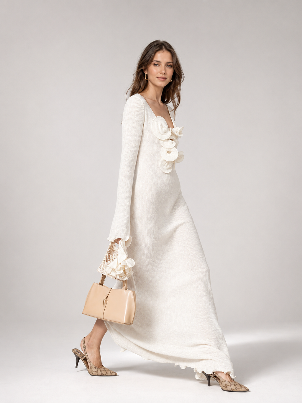 Ivory Rosette Knit Maxi Dress