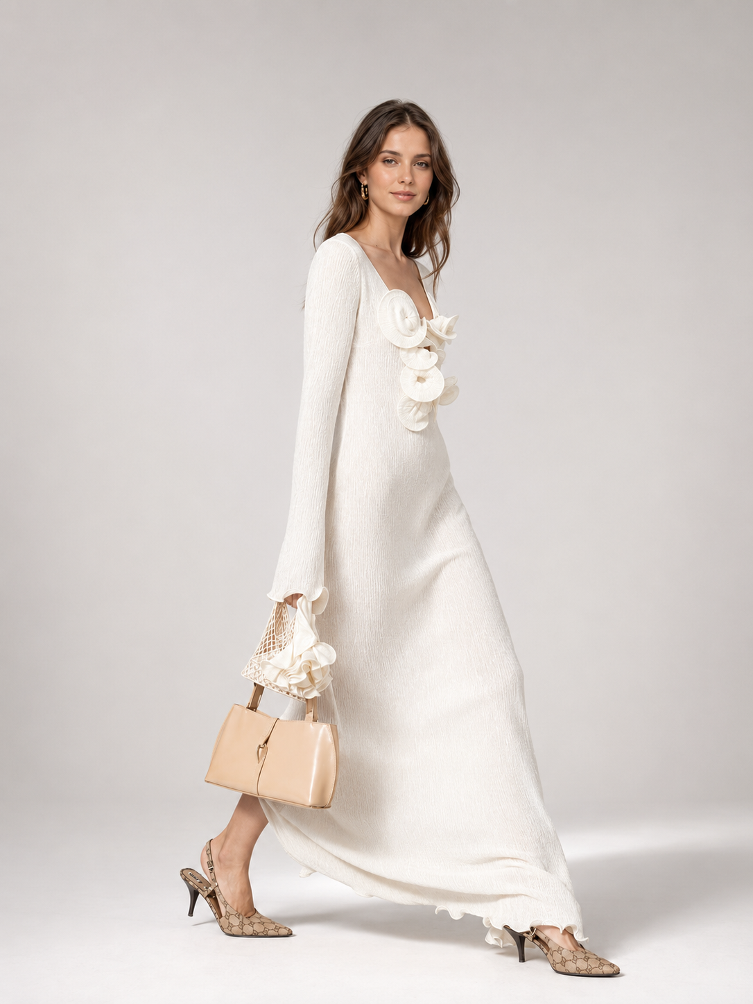 Ivory Rosette Knit Maxi Dress
