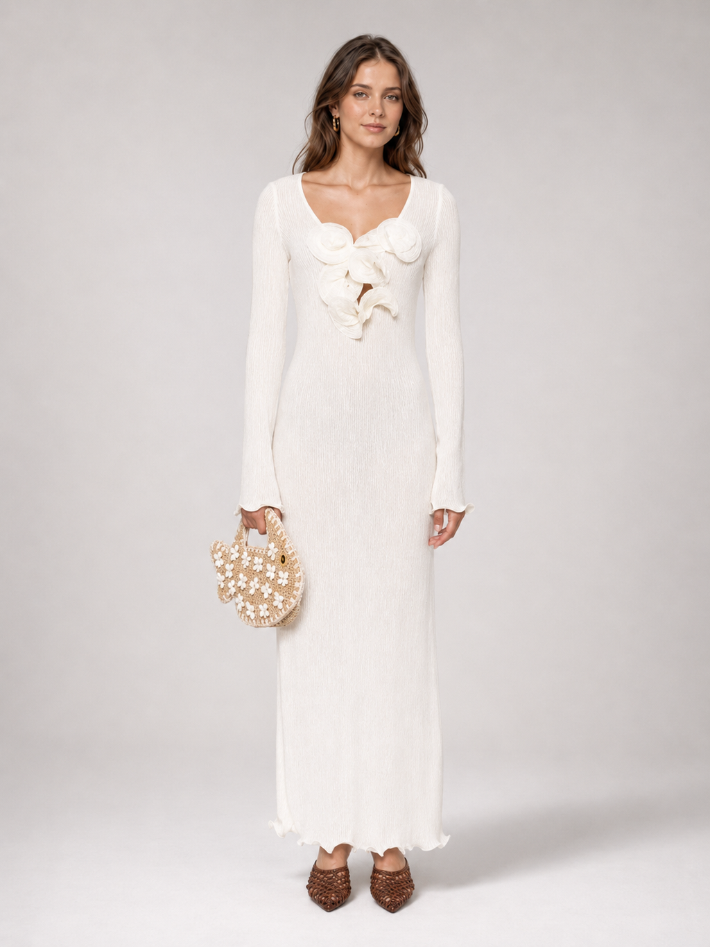 Ivory Rosette Knit Maxi Dress