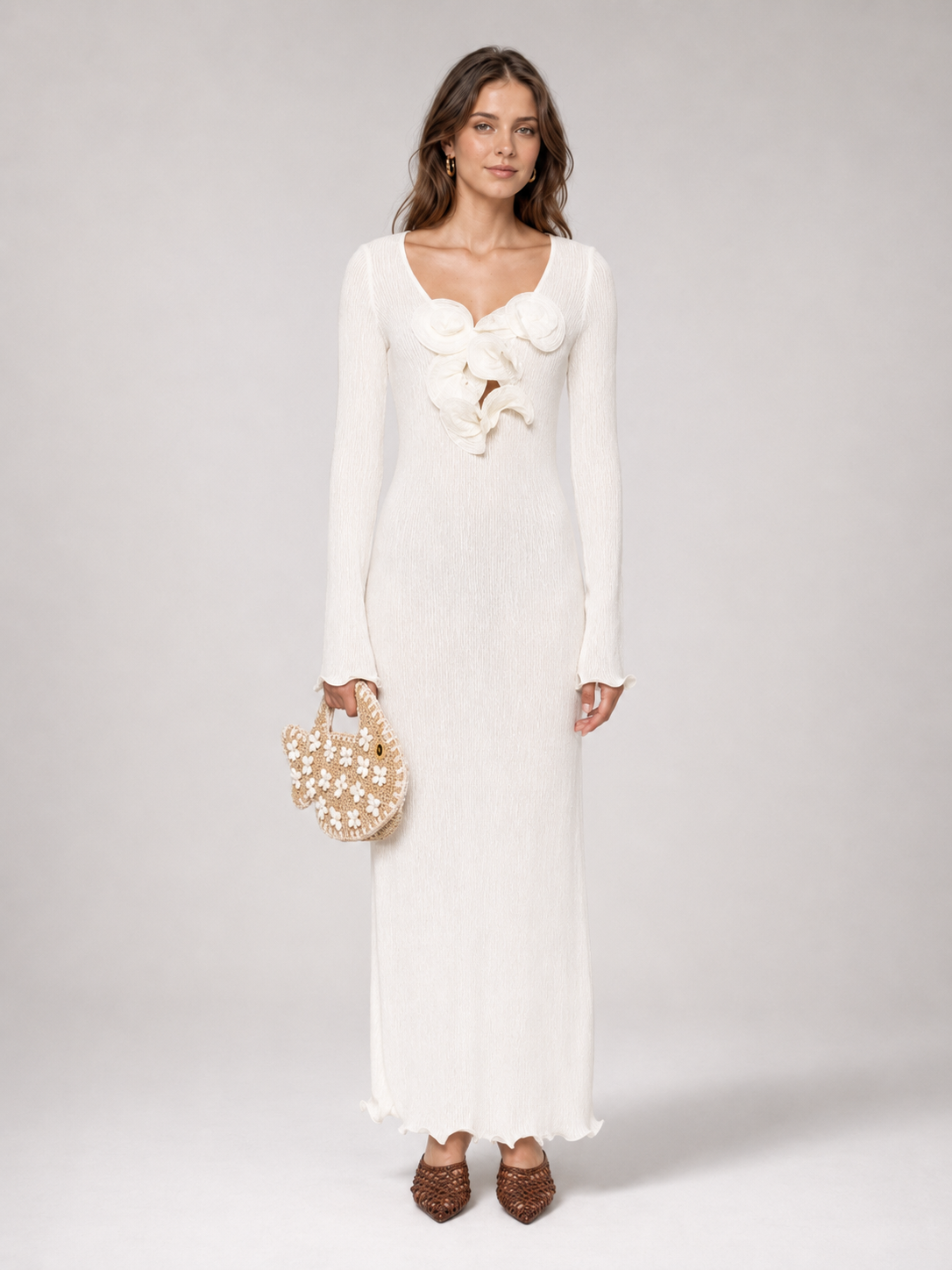 Ivory Rosette Knit Maxi Dress