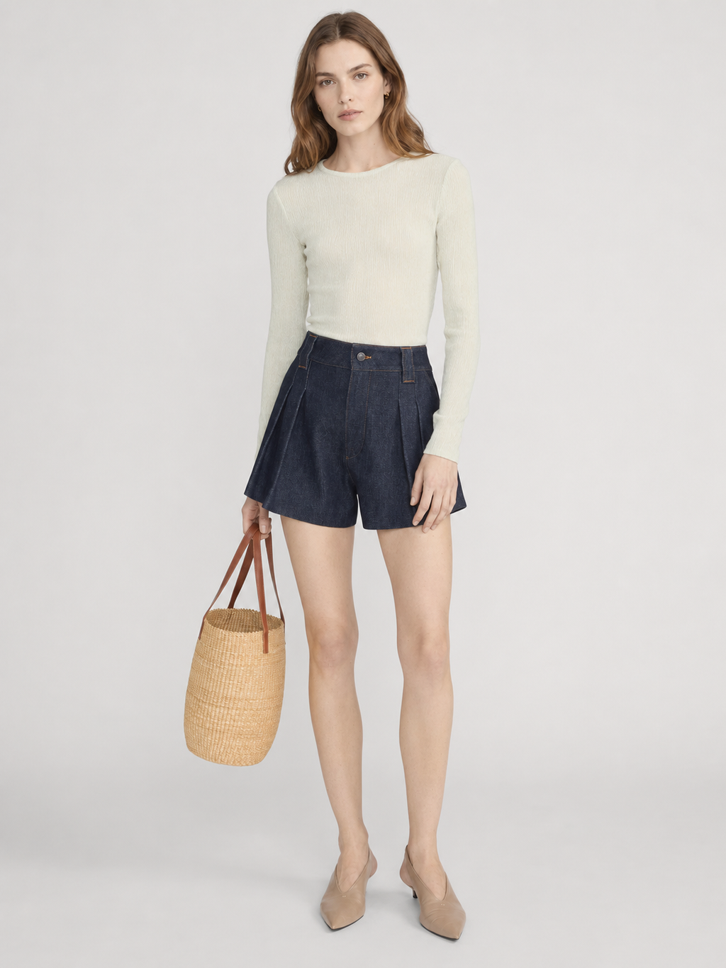 Pleated Denim Tailored Shorts