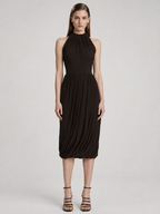 Chocolate Pleated Halter Midi Dress