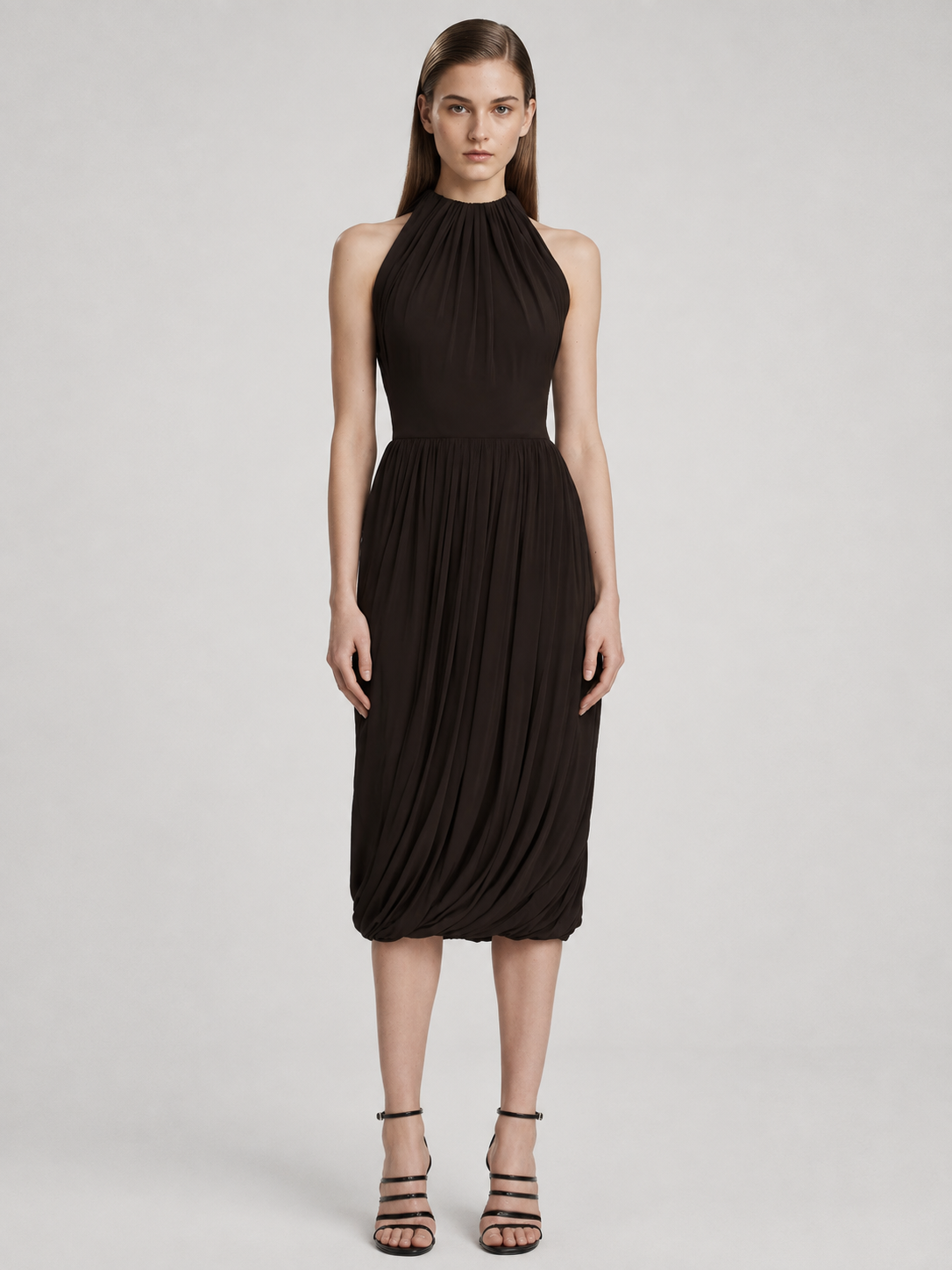 Chocolate Pleated Halter Midi Dress