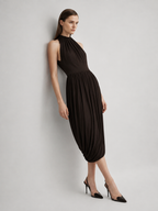 Chocolate Pleated Halter Midi Dress