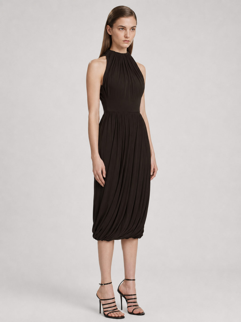 Chocolate Pleated Halter Midi Dress