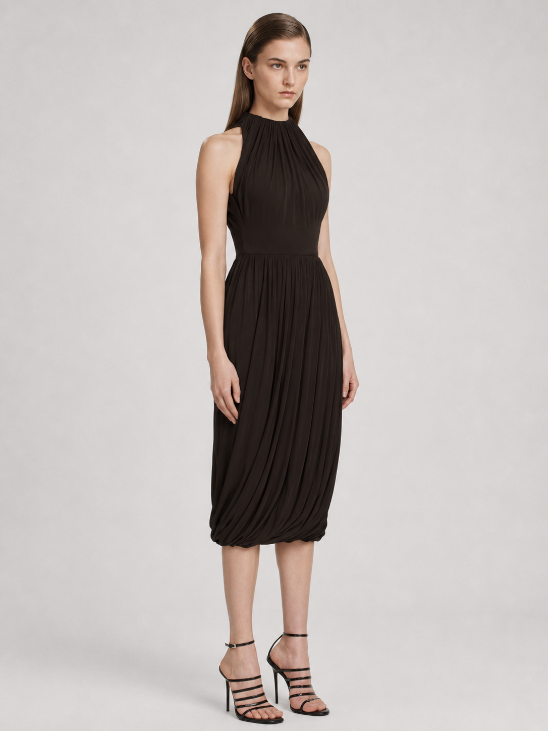 Chocolate Pleated Halter Midi Dress