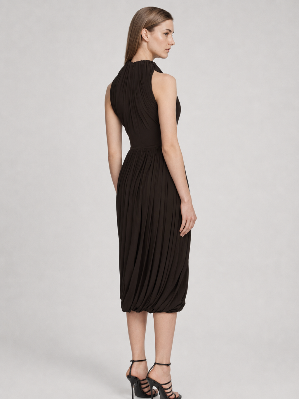 Chocolate Pleated Halter Midi Dress