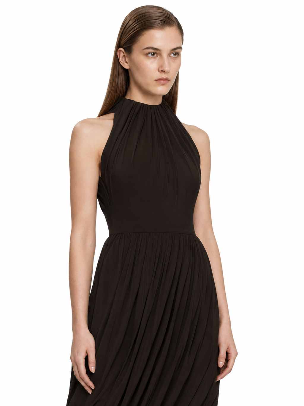 Chocolate Pleated Halter Midi Dress