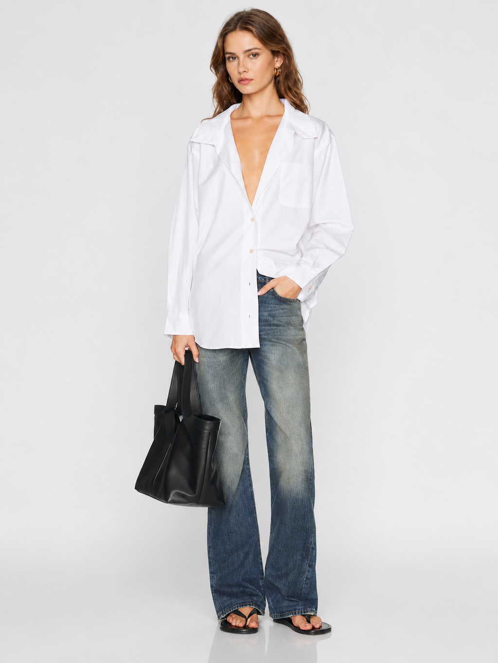 White High-Neck Oversized Button-Up Shirt