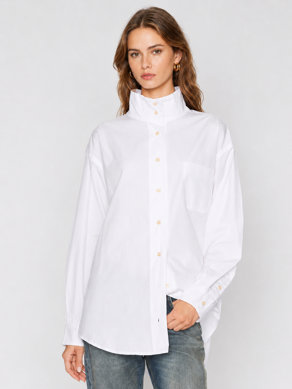 White High-Neck Oversized Button-Up Shirt