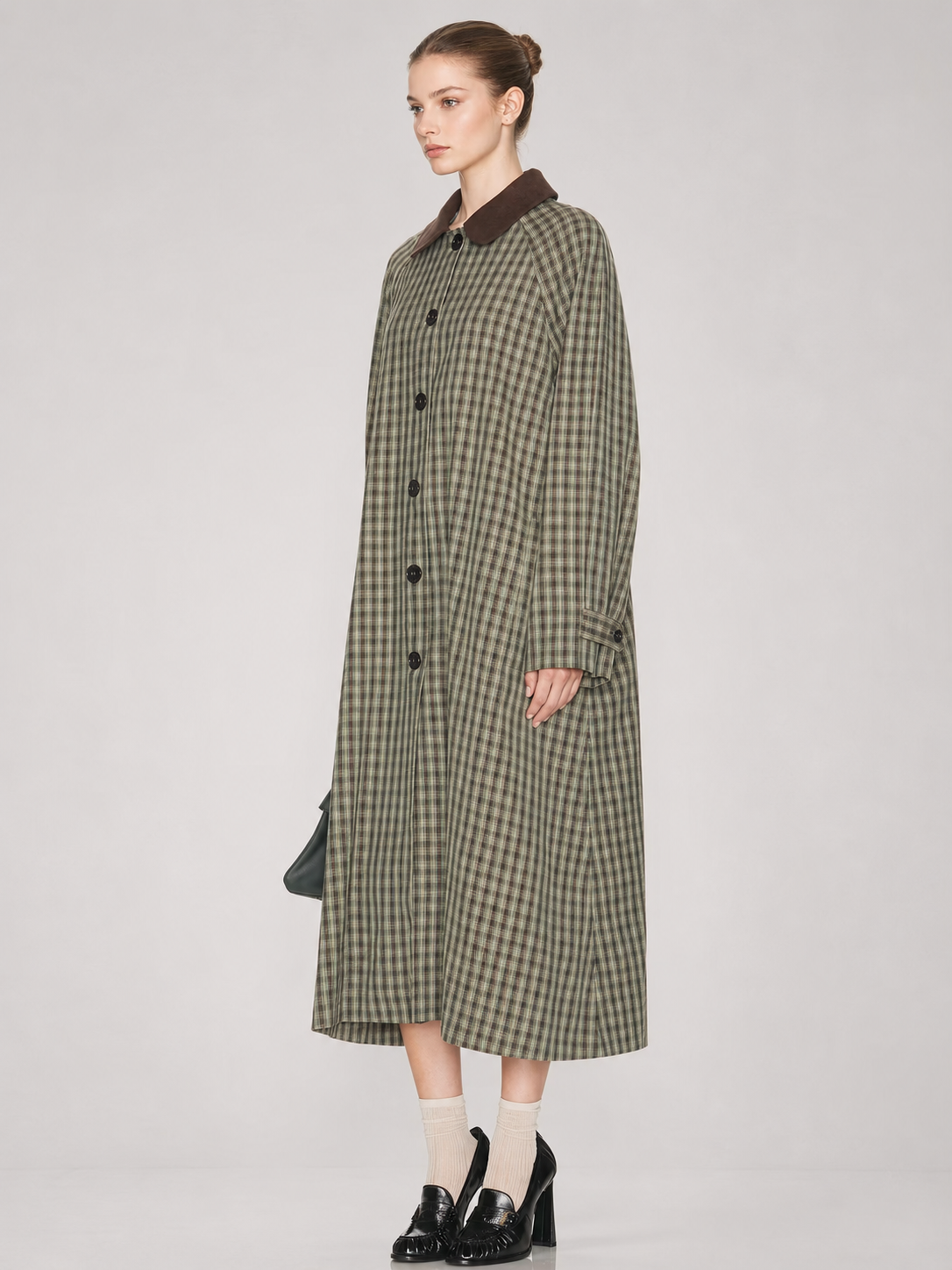 Contrast Collar Plaid Long Trench Coat