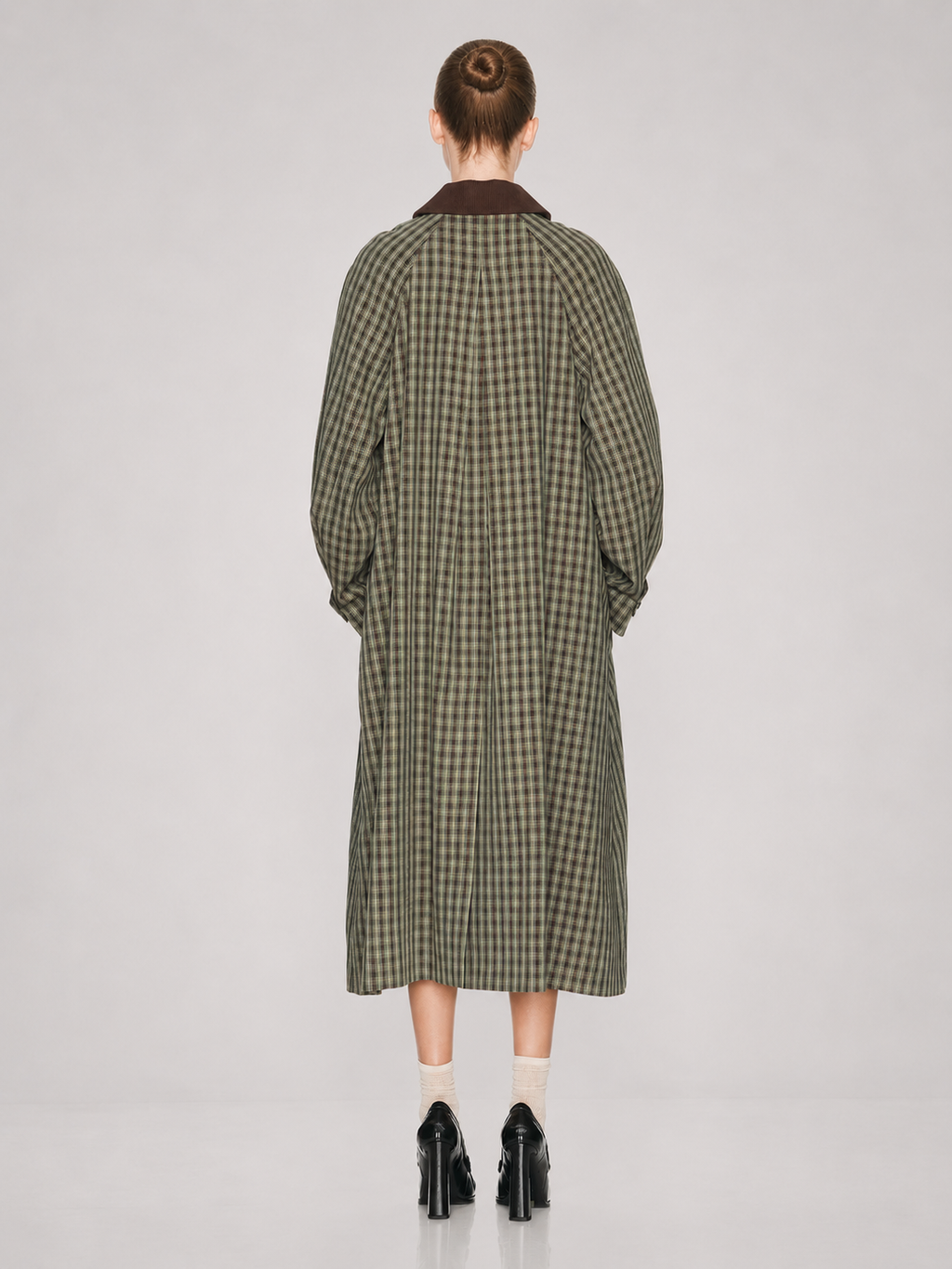 Contrast Collar Plaid Long Trench Coat