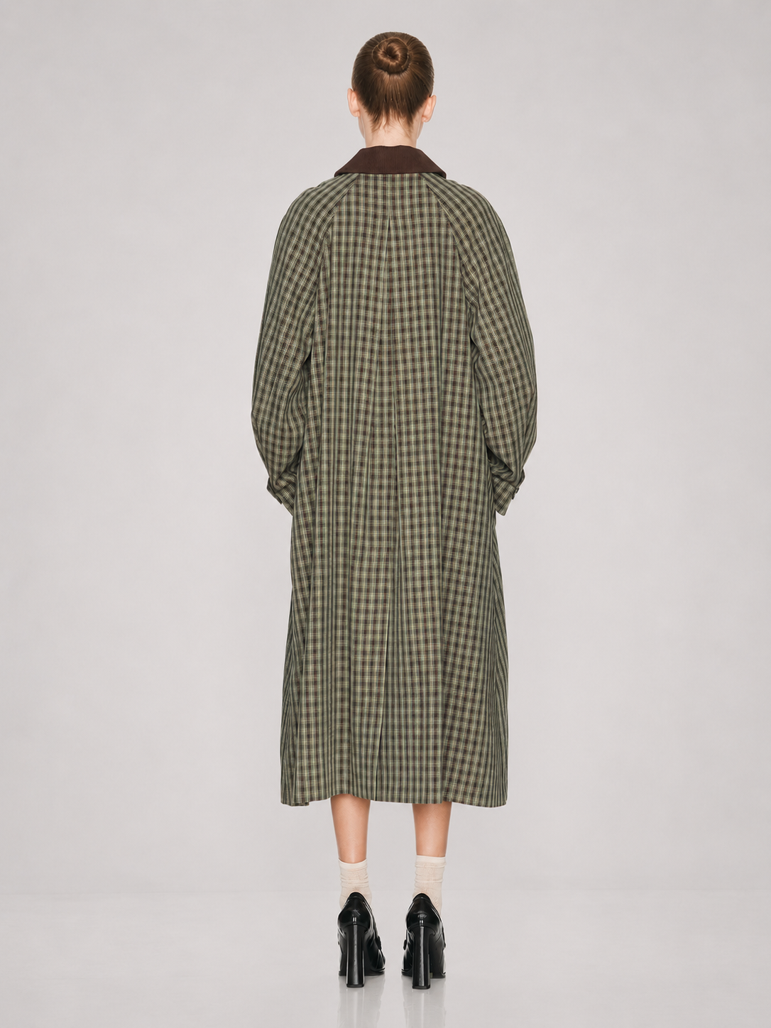 Contrast Collar Plaid Long Trench Coat
