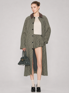 Contrast Collar Plaid Long Trench Coat