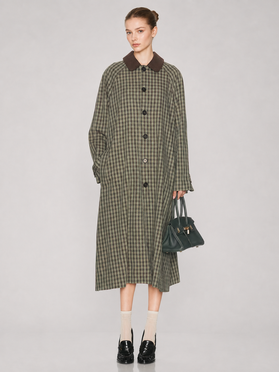 Contrast Collar Plaid Long Trench Coat