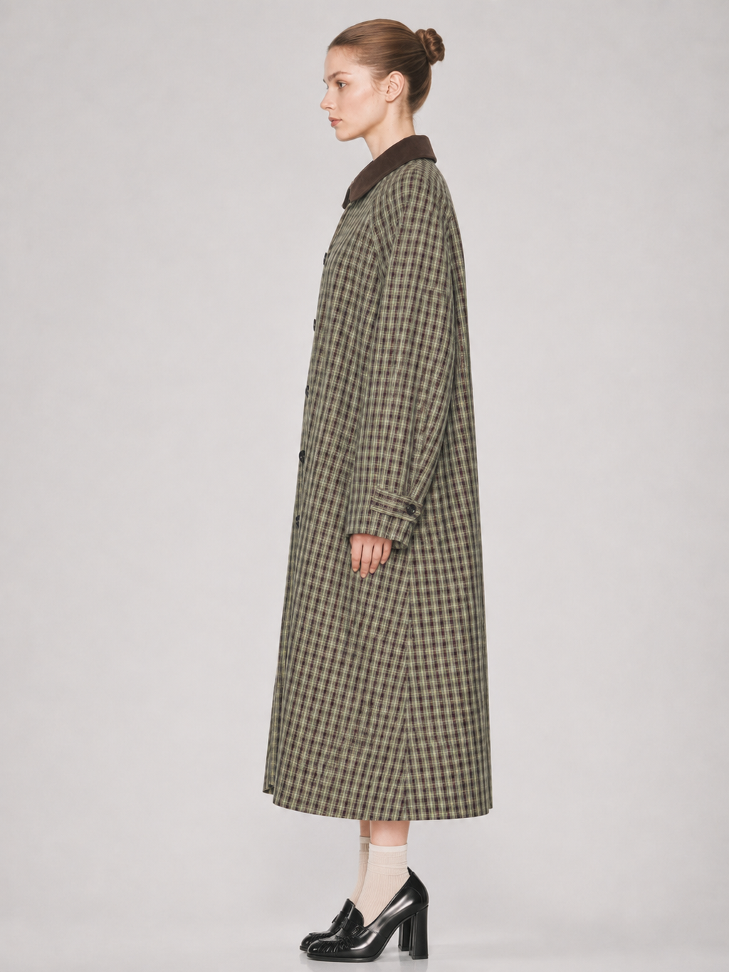 Contrast Collar Plaid Long Trench Coat
