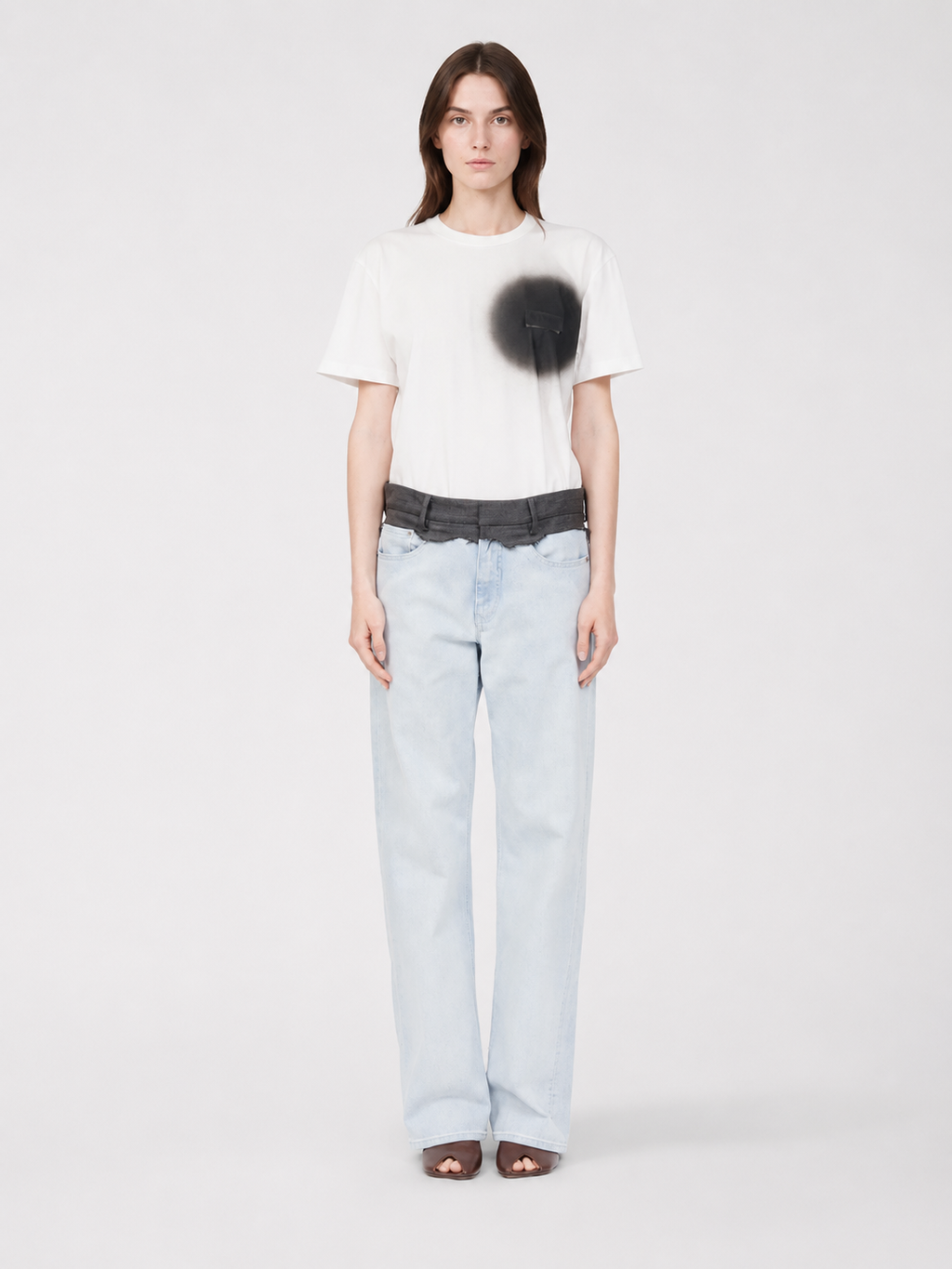 Light Wash Layered-Waist Straight-Leg Jeans