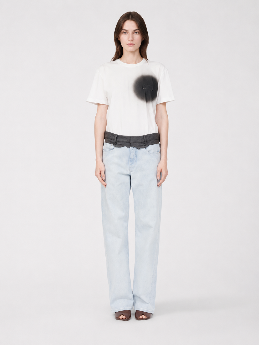 Light Wash Layered-Waist Straight-Leg Jeans
