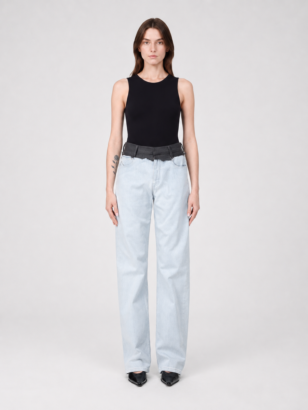 Light Wash Layered-Waist Straight-Leg Jeans