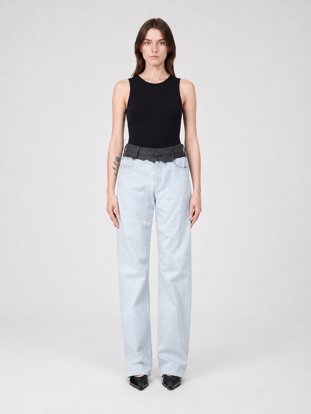 Light Wash Layered-Waist Straight-Leg Jeans