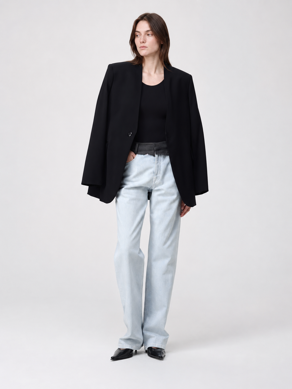 Light Wash Layered-Waist Straight-Leg Jeans