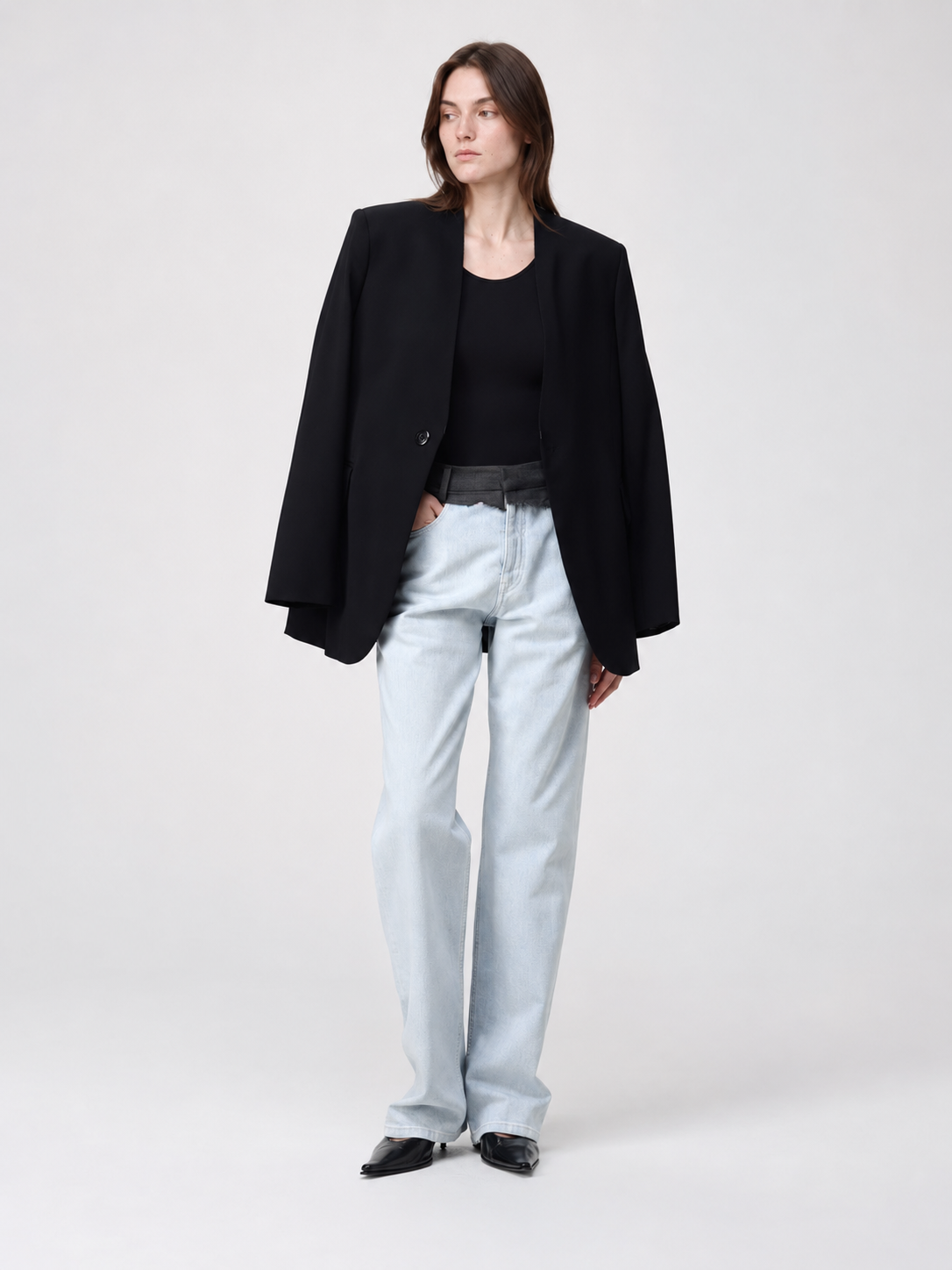 Light Wash Layered-Waist Straight-Leg Jeans