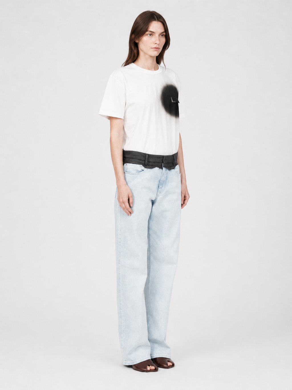 Light Wash Layered-Waist Straight-Leg Jeans