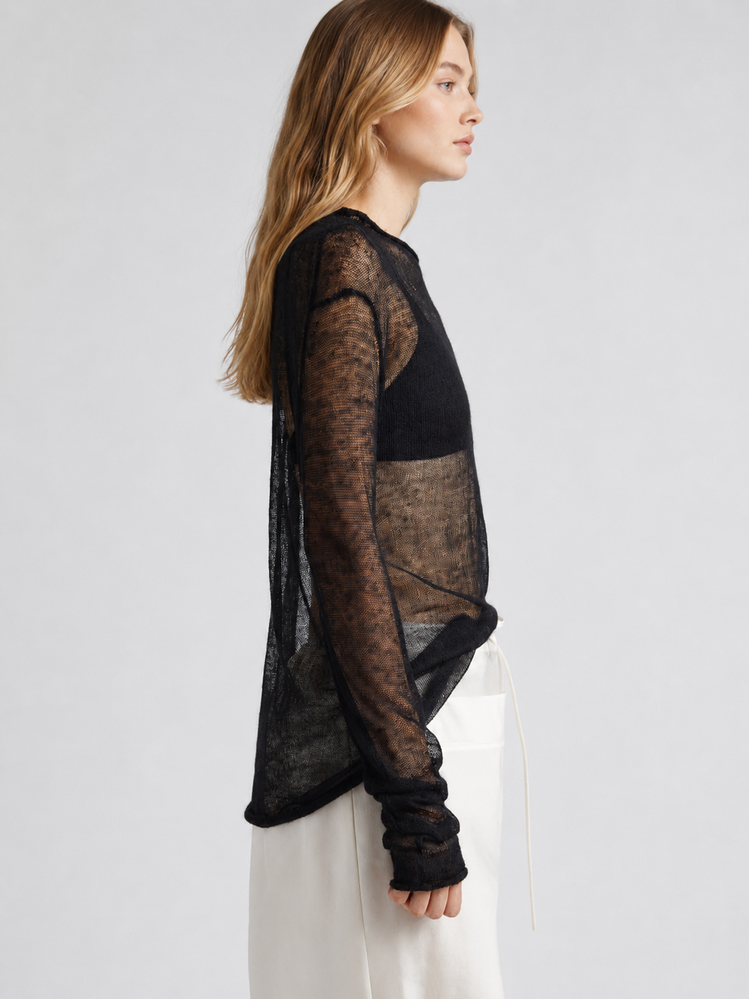 Black Sheer Mesh Long-Sleeve Top