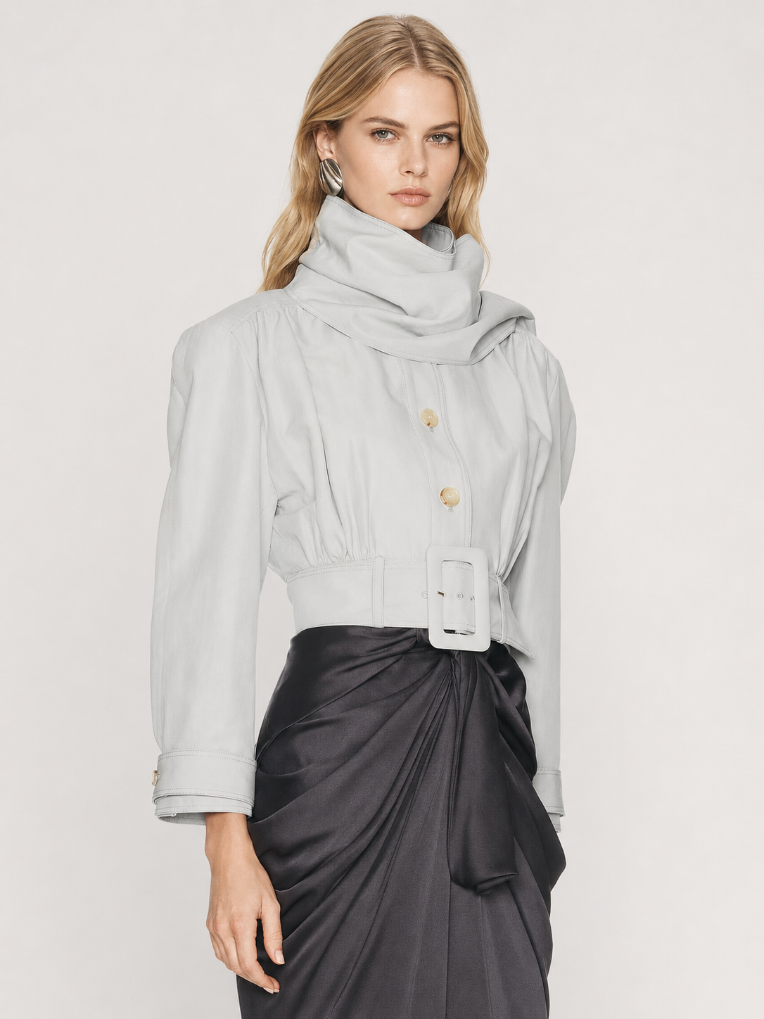 Sculpted Scarf-Collar Belted Cropped Jacket